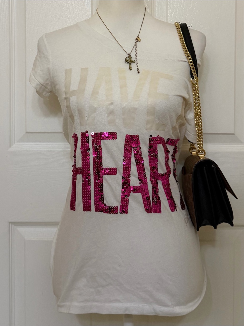 2000s vintage style victoria secret white & pink sequin Have A Heart graphic tee